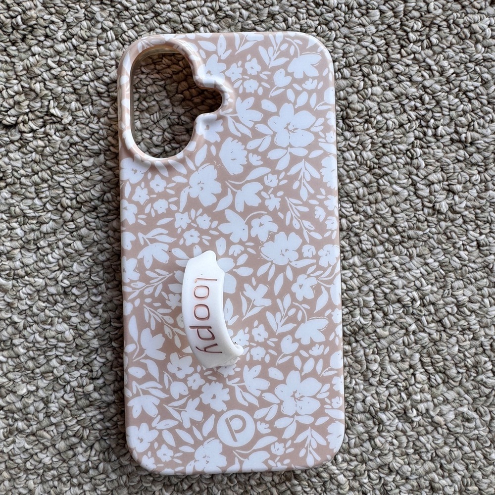 Loopy Case Beige Floral iPhone 16 Case with White Loopy Grip